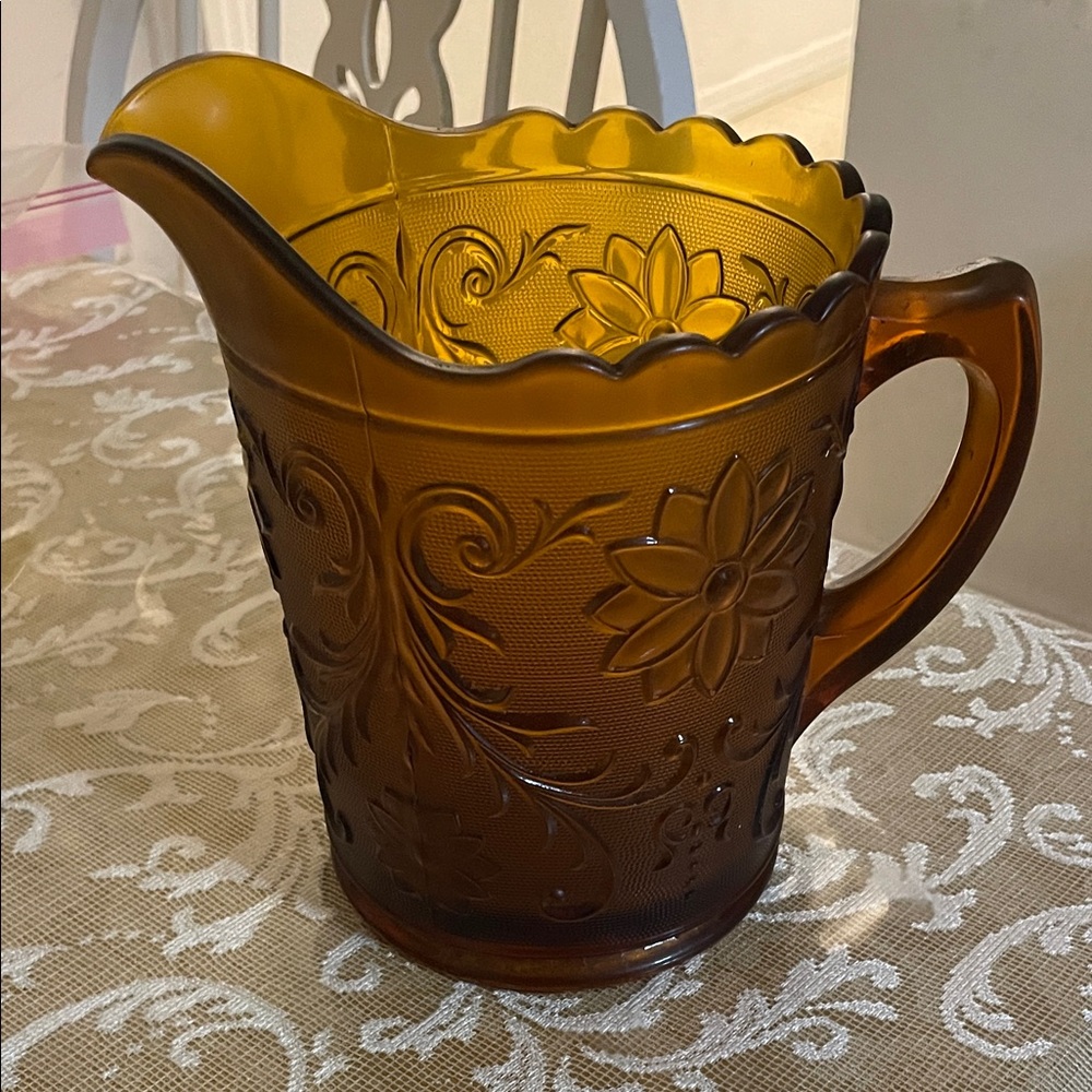 Amber Glass Pitcher with Floral Design